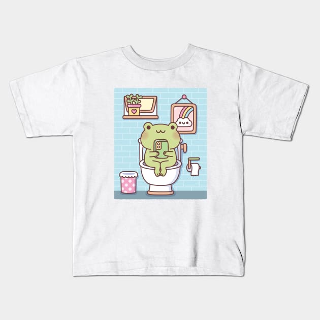 Cute Frog Chilling On Toilet Bowl Kids T-Shirt by rustydoodle